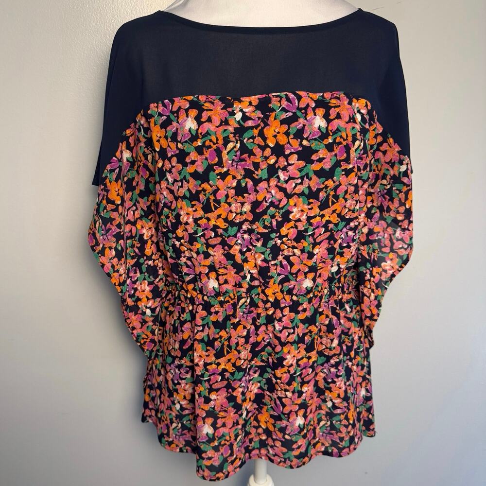 Ann Taylor SMALL blouse Navy Orange Pink Floral Print peplum batwing sheer mesh